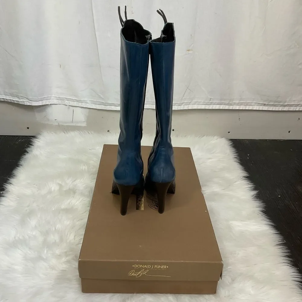 NEW Donald J Pliner Women's Blue Denim Oilskin Calf Lace Up Heel Boots Size 7